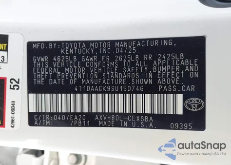 2025 Toyota Camry Se from USA, damaged, VIN 4T1DAACK9SU150746